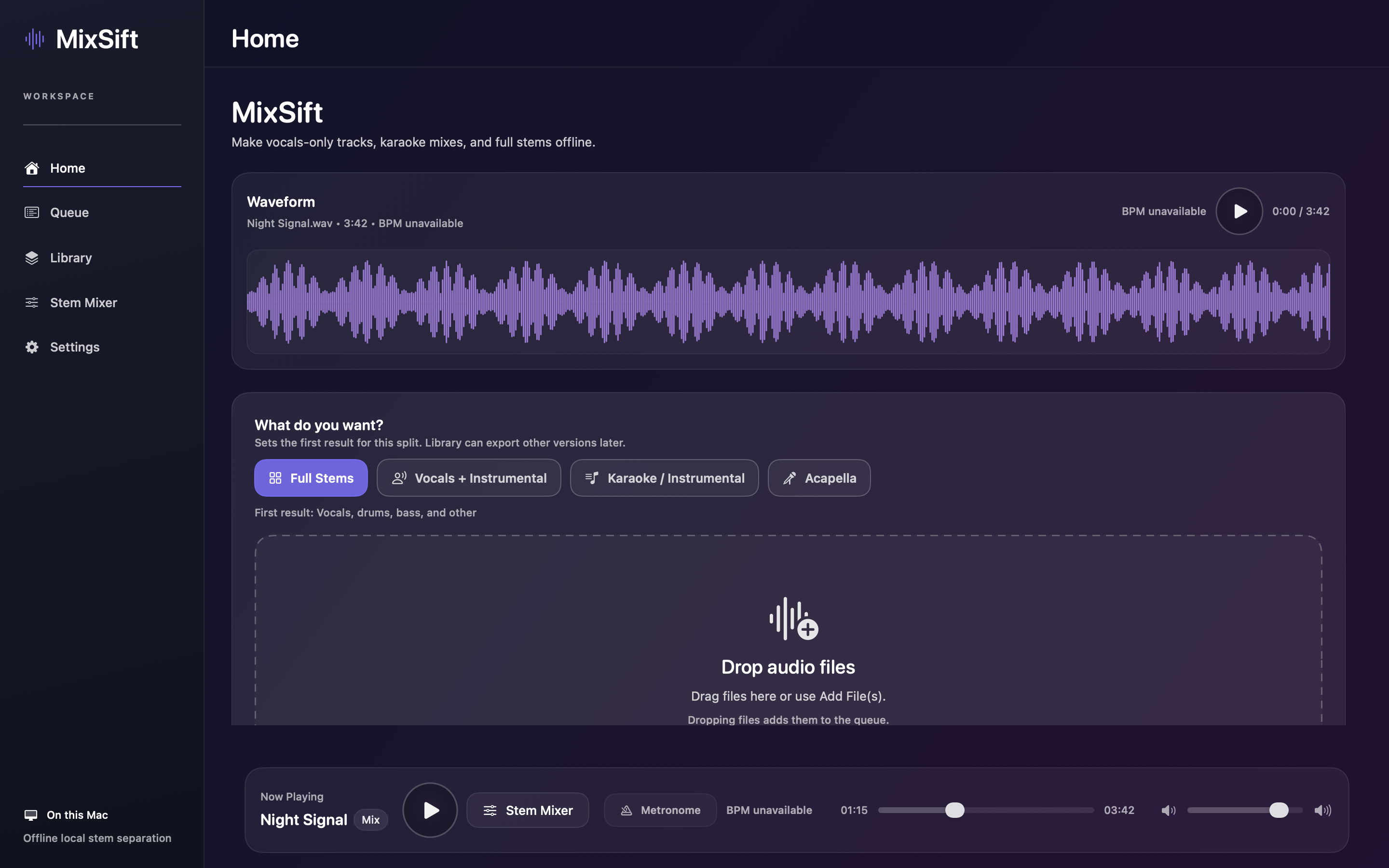 MixSift Home in Classic Purple. Native source-rendered fixture with synthetic sample data; static image.