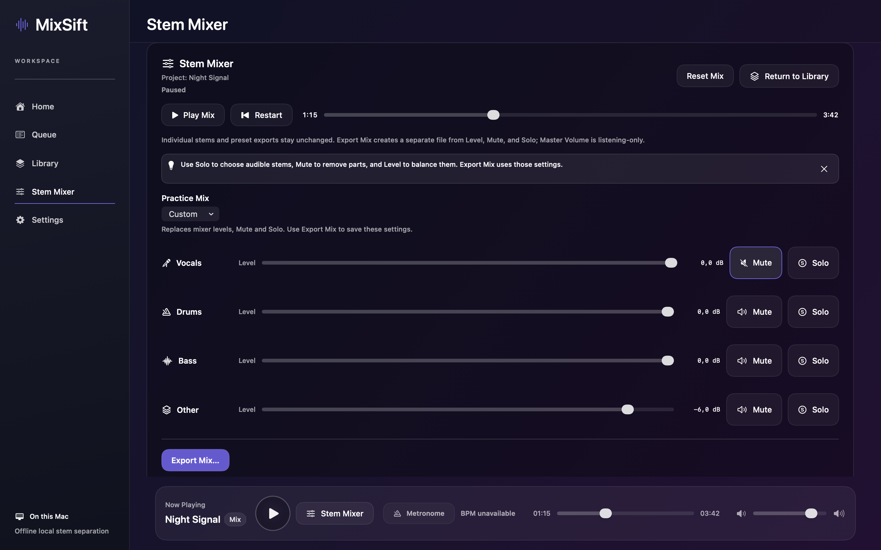 MixSift Stem Mixer in Classic Purple. Native source-rendered fixture with synthetic sample data; static image.